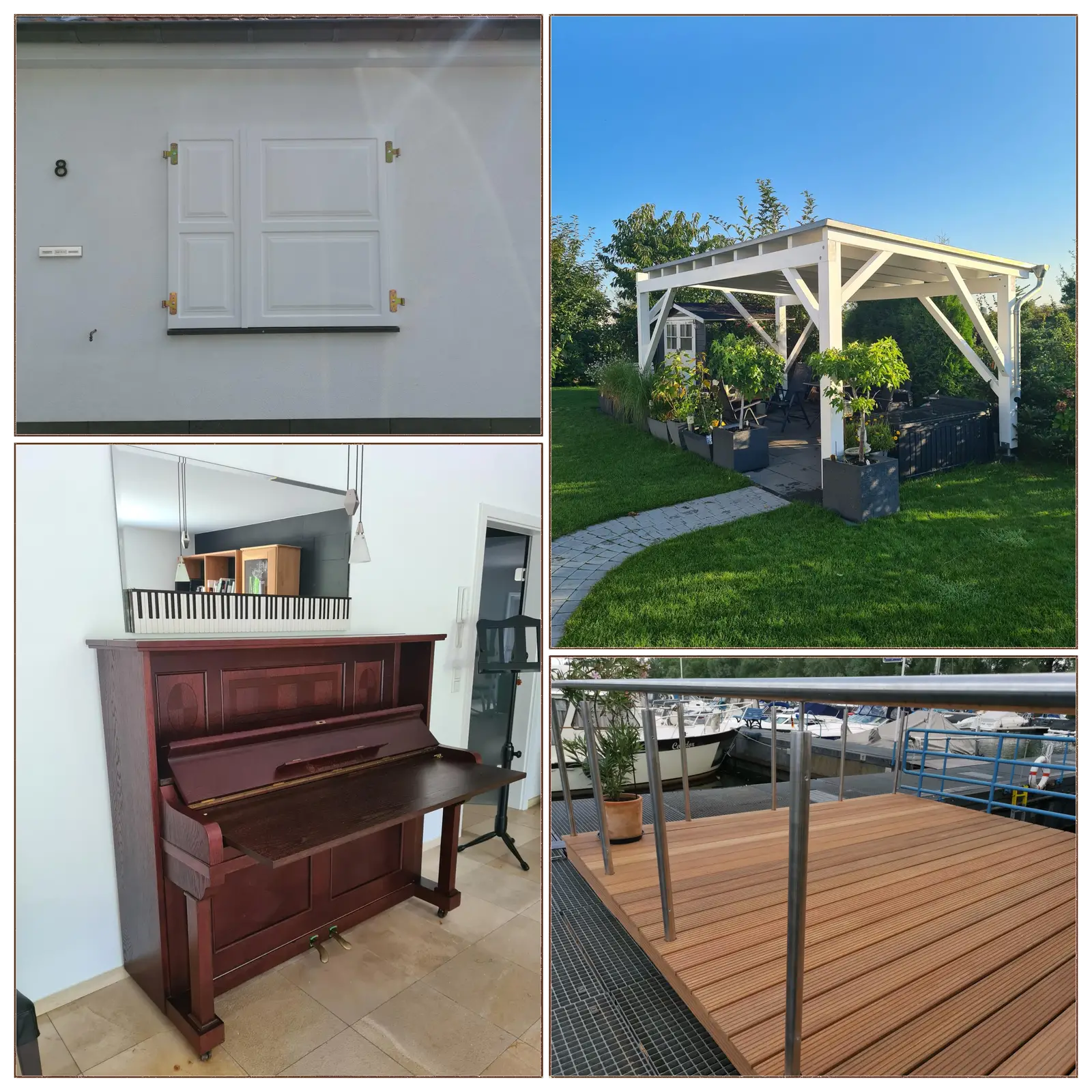 Foto Collage über unserer Arbeiten Fotocollage unserer Arbeiten,
Klavier,
Fensterläden,
Pergola,
Terrasse